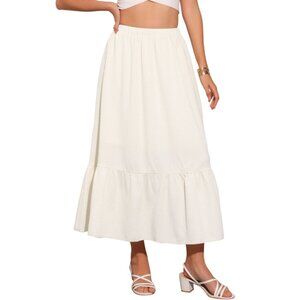 Allegra K Women's Large Beige Elastic High Waist Solid Flowy Casual Midi Skirt